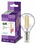 Лампа светодиод 7Вт шар Е14 4000К 840Лм филамент прозр IEK (10/100)